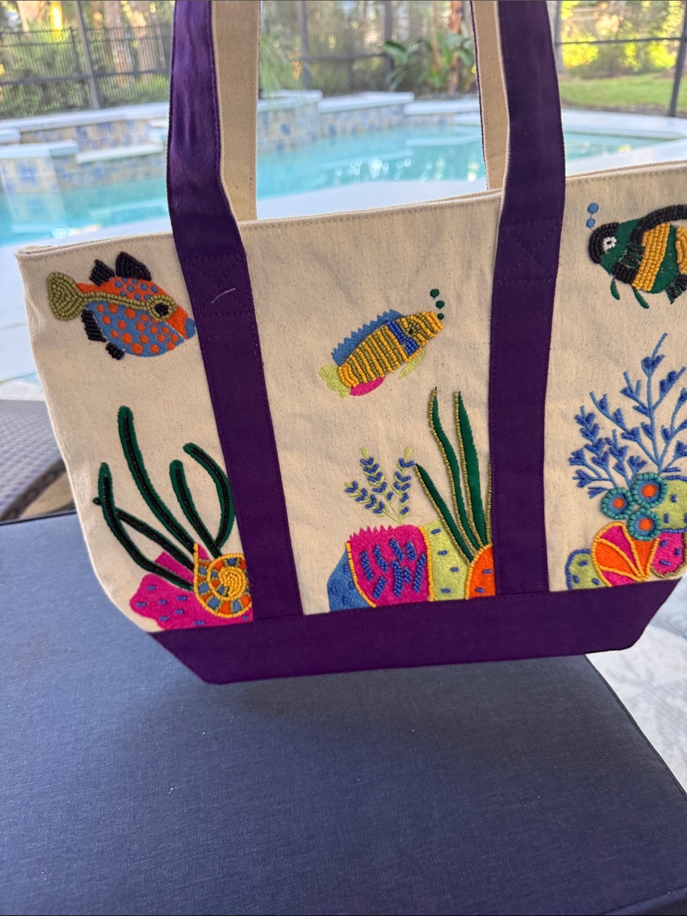 Embroidered Canvas Tote with Purple Trim and Colorful Fish Motif